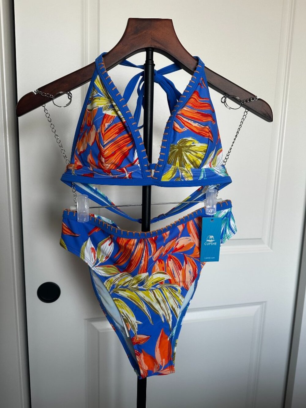 NWT CUPSHE Tropical Print Whip Stitch Bikini Set Medium Blue Orange High Waist C